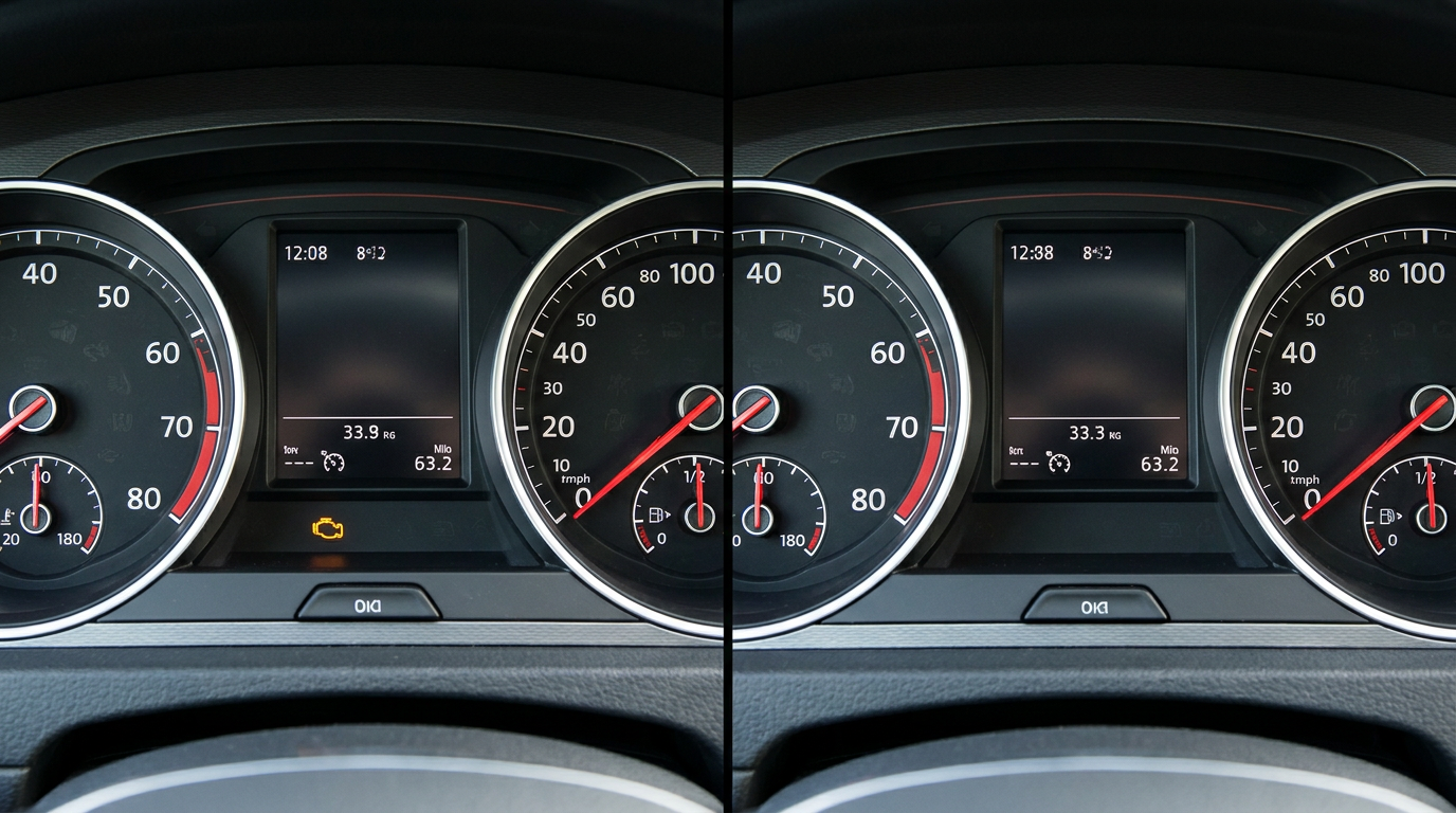 Deska rozdzielcza Volkswagen Golf - porównanie przed i po DPF OFF: check engine zapalony vs czysta deska